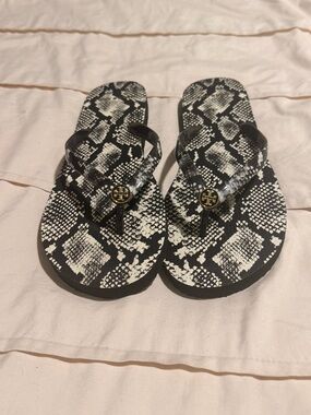Tory Burch Black & White Snake-Print Thong Sandals